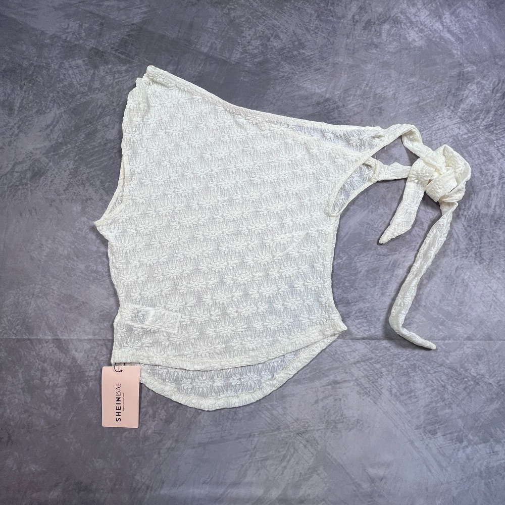SheIn Lace Top Womens Medium Ivory Summer Knit Bubble Texture Bowknot Detail